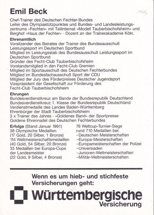 Autogramm Fechten | Emil BECK | 1991 (Portrait Color) Württembergische