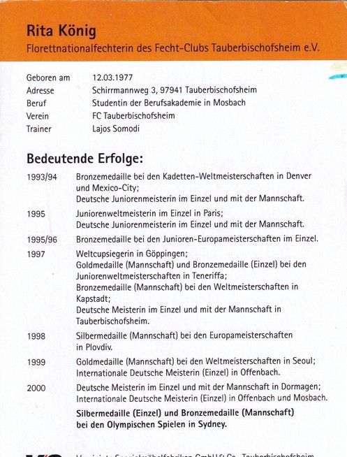 Autogramm Fechten | Rita KÖNIG | 2000 (Portrait Color VS) OS-Silber