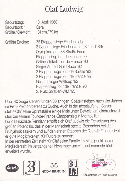 Autogramm Radsport | Olaf LUDWIG | 1993 (Rennszene Color Telekom) OS-Gold