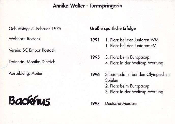 Autogramm Wasserspringen | Annika WALTER | 1997 (Portrait Color Backhus) OS-Silber