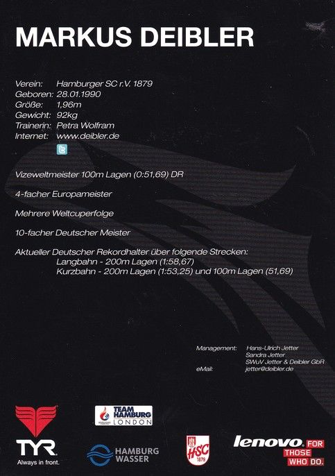 Autogramm Schwimmen | Markus DEIBLER | 2010er (Portrait Color) TYR