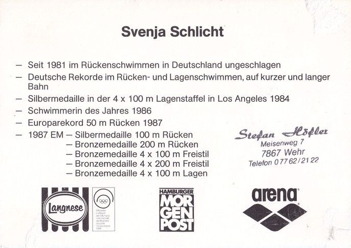 Autogramm Schwimmen | Svenja SCHLICHT | 1987 (Collage Color) OS-Silber