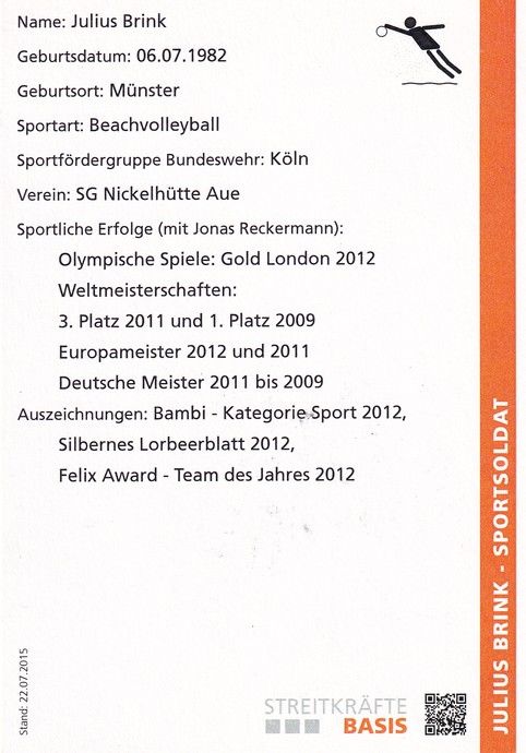 Autogramm Beachvolleyball | Julius BRINK | 2015 (Portrait Color Bundeswehr) OS-Gold
