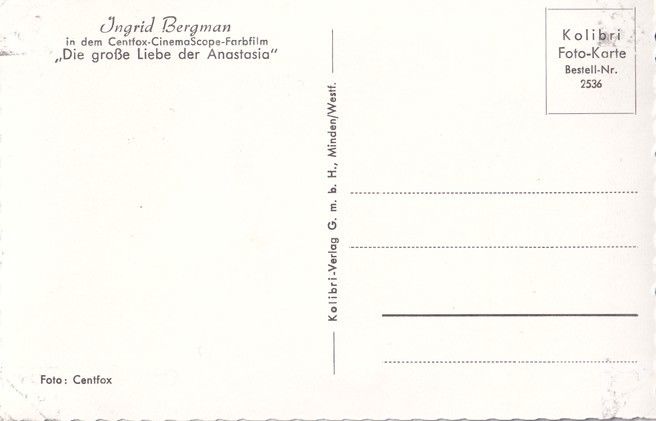 Filmpostkarte (Schweden) | Ingrid BERGMAN | 1956 "Anastasia" (Kolibri 2536)