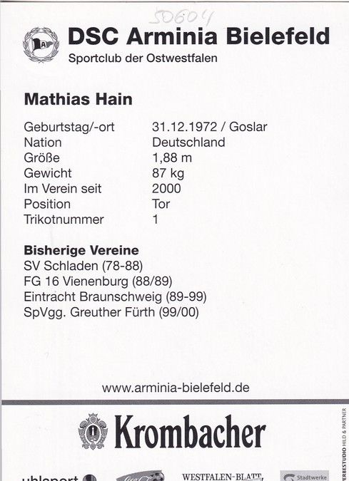 Autogramm Fussball | DSC Arminia Bielefeld | 2004 | Mathias HAIN