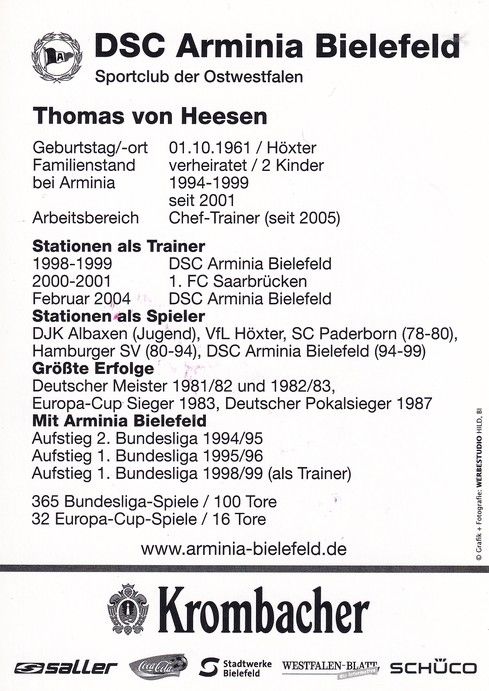 Autogramm Fussball | DSC Arminia Bielefeld | 2005 | Thomas VON HEESEN