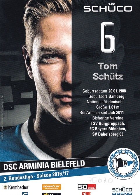 Autogramm Fussball | DSC Arminia Bielefeld | 2016 | Tom SCHÜTZ