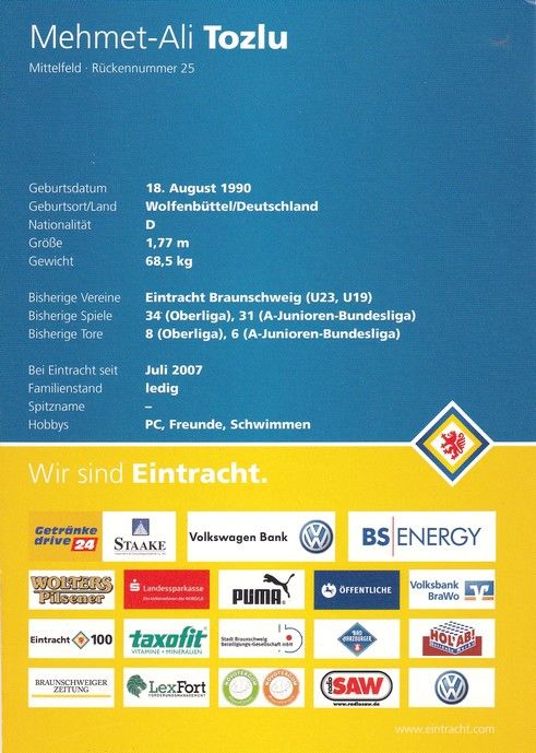 Autogramm Fussball | Eintracht Braunschweig | 2010 | Mehmet-Ali TOZLU