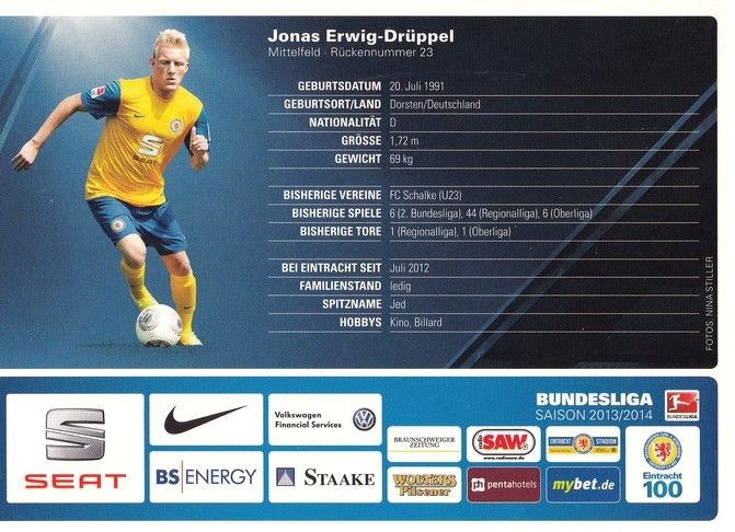 Autogramm Fussball | Eintracht Braunschweig | 2013 | Jonas ERWIG-DRÜPPEL