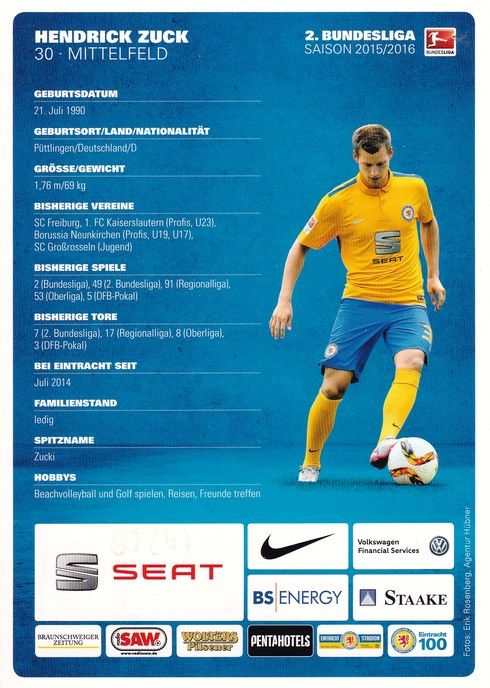 Autogramm Fussball | Eintracht Braunschweig | 2015 | Hendrick ZUCK