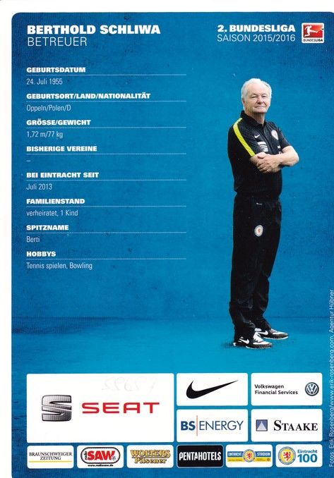 Autogramm Fussball | Eintracht Braunschweig | 2015 | Berthold SCHLIWA