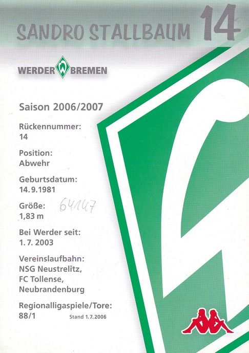 Autogramm Fussball | SV Werder Bremen | 2006 we win | Sandro STALLBAUM