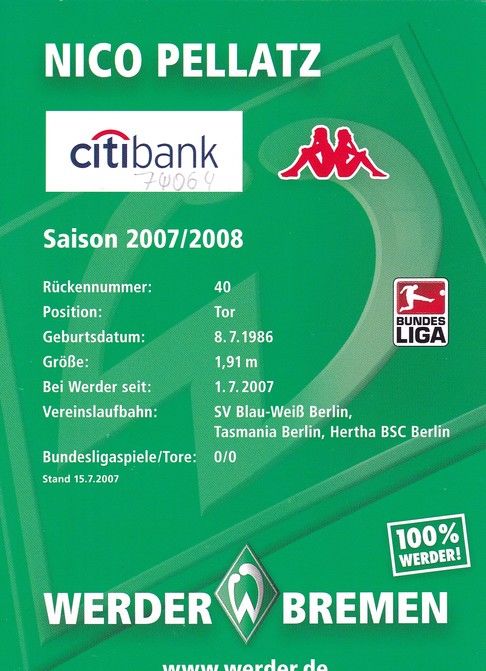 Autogramm Fussball | SV Werder Bremen | 2007 | Nico PELLATZ