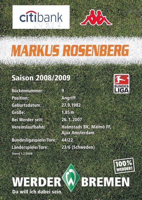Autogramm Fussball | SV Werder Bremen | 2008 | Markus ROSENBERG