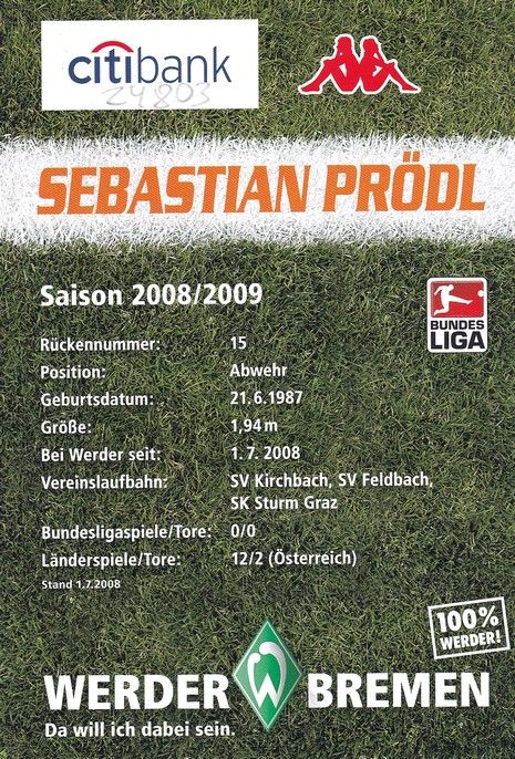 Autogramm Fussball | SV Werder Bremen | 2008 | Sebastian PRÖDL