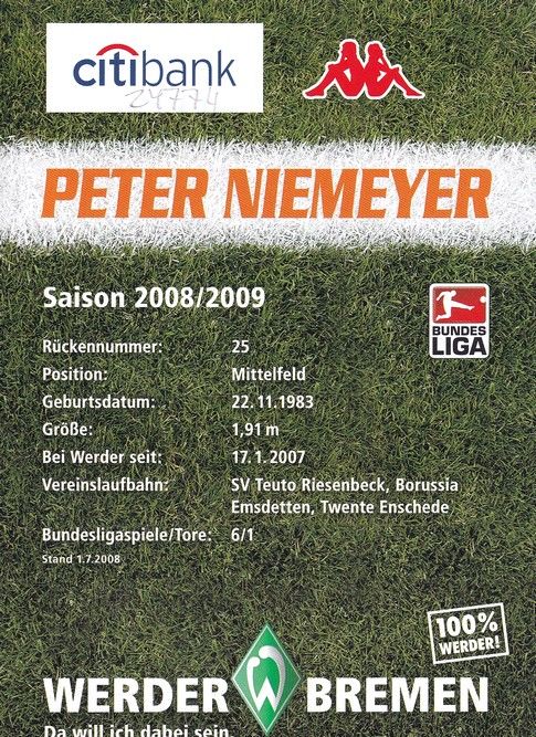 Autogramm Fussball | SV Werder Bremen | 2008 | Peter NIEMEYER 