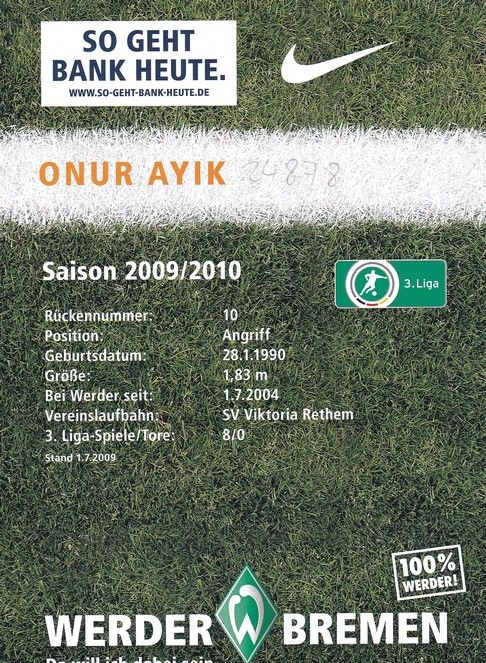 Autogramm Fussball | SV Werder Bremen | 2009 | Onur AYIK