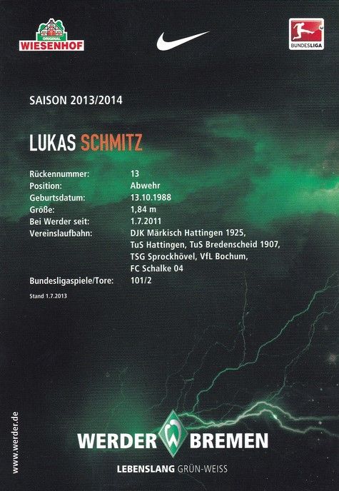 Autogramm Fussball | SV Werder Bremen | 2013 | Lukas SCHMITZ