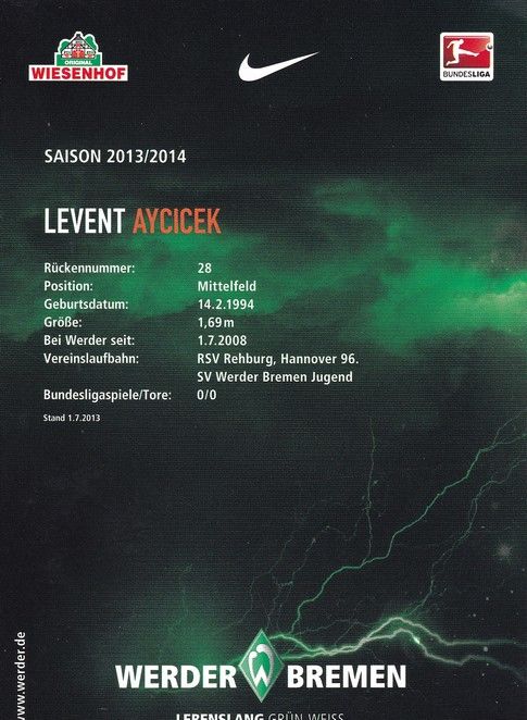 Autogramm Fussball | SV Werder Bremen | 2013 | Levent AYCICEK