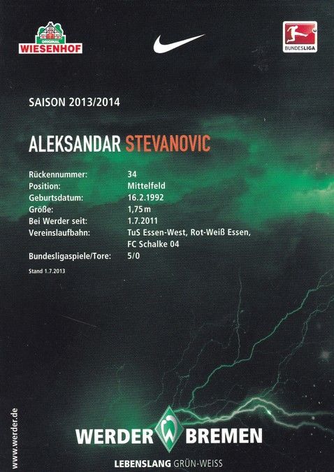 Autogramm Fussball | SV Werder Bremen | 2013 | Aleksandar STEVANOVIC