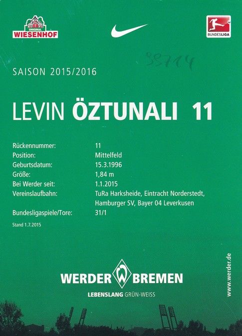 Autogramm Fussball | SV Werder Bremen | 2015 | Levin ÖZTUNALI