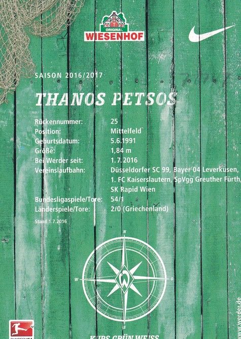 Autogramm Fussball | SV Werder Bremen | 2016 | Thanos PETSOS