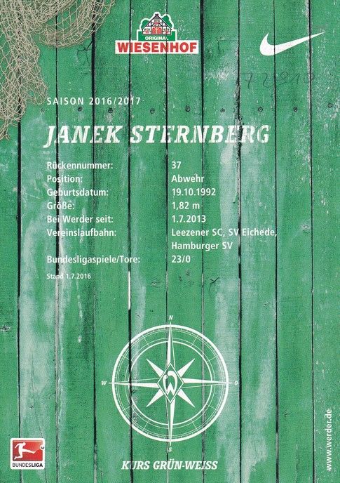 Autogramm Fussball | SV Werder Bremen | 2016 | Janek STERNBERG