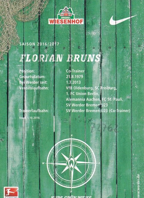 Autogramm Fussball | SV Werder Bremen | 2016 | Florian BRUNS