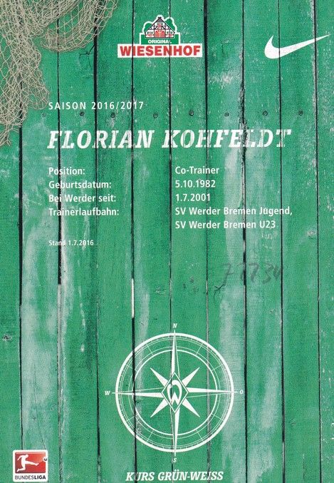 Autogramm Fussball | SV Werder Bremen | 2016 | Florian KOHFELDT