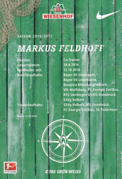 Autogramm Fussball | SV Werder Bremen | 2016 | Markus FELDHOFF