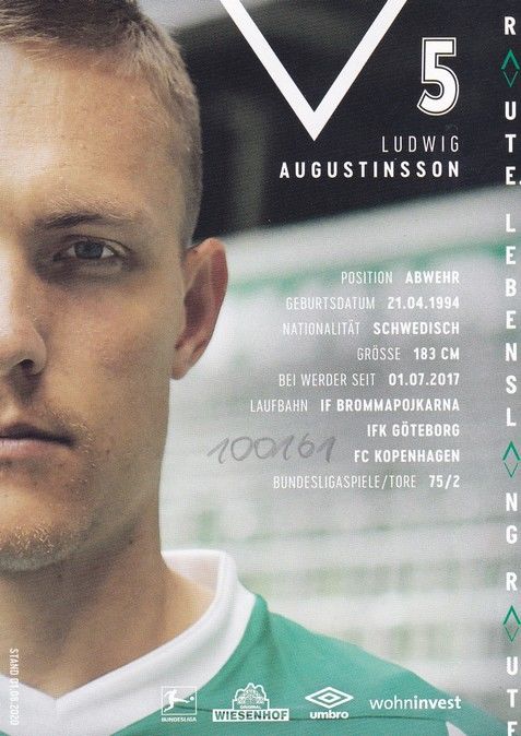 Autogramm Fussball | SV Werder Bremen | 2020 | Ludwig AUGUSTINSSON