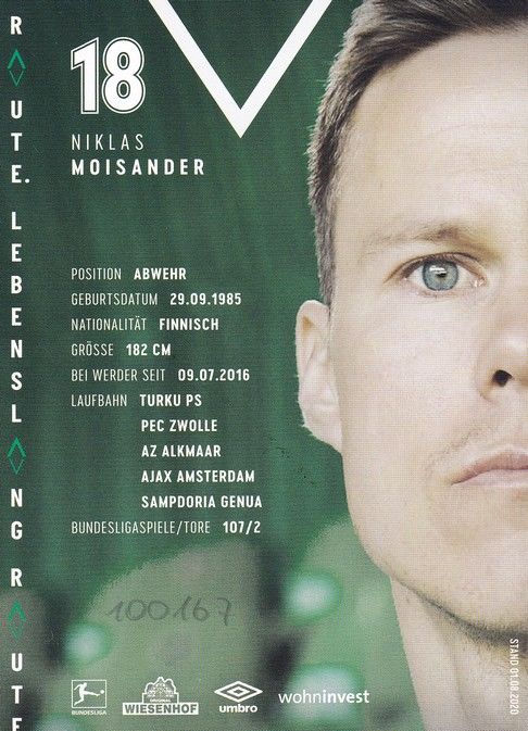 Autogramm Fussball | SV Werder Bremen | 2020 | Niklas MOISANDER