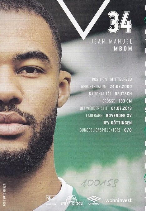 Autogramm Fussball | SV Werder Bremen | 2020 | Jean Manuel MBOM
