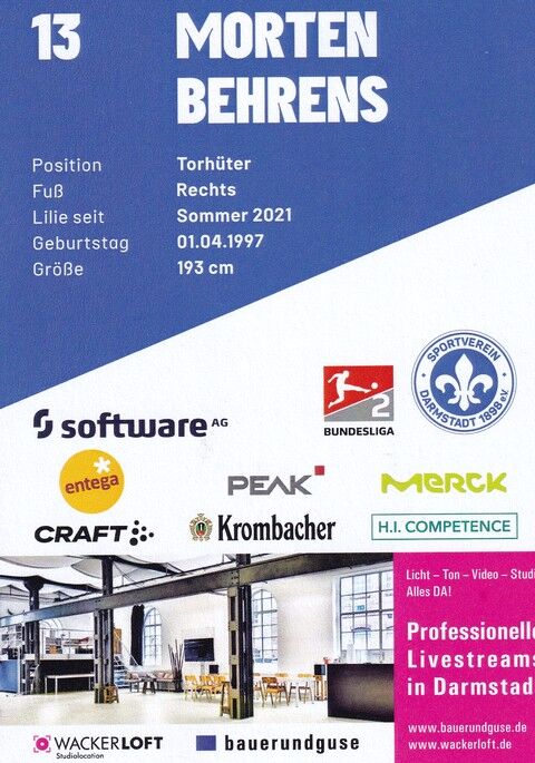 Autogramm Fussball | SV Darmstadt 98 | 2021 | Morten BEHRENS