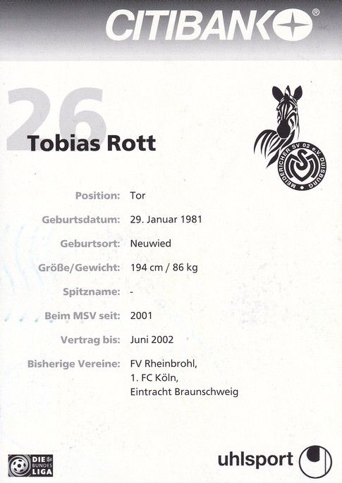 Autogramm Fussball | MSV Duisburg | 2001 | Tobias ROTT