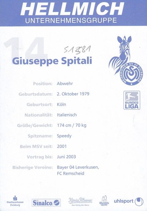 Autogramm Fussball | MSV Duisburg | 2002 | Giuseppe SPITALI