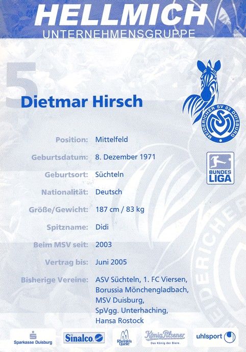 Autogramm Fussball | MSV Duisburg | 2003 | Dietmar HIRSCH