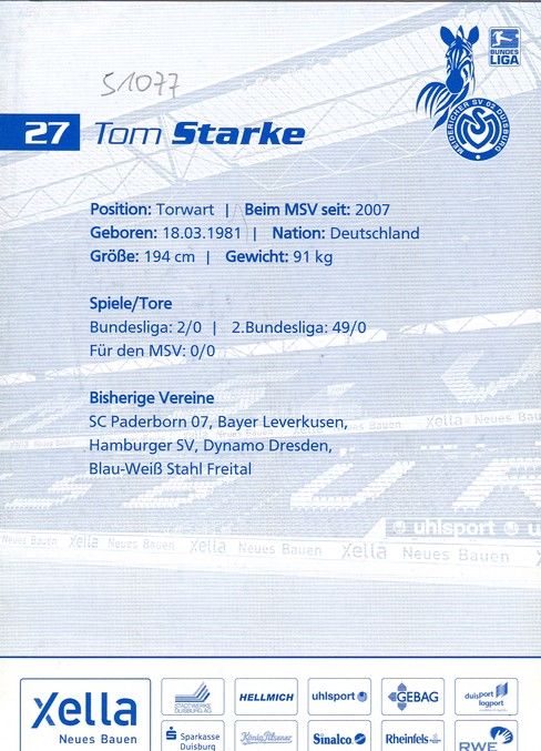 Autogramm Fussball | MSV Duisburg | 2007 | Tom STARKE