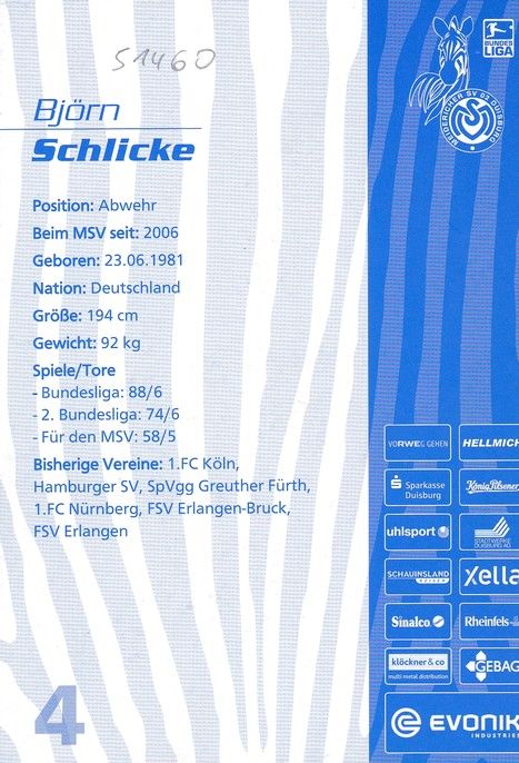 Autogramm Fussball | MSV Duisburg | 2008 | Björn SCHLICKE