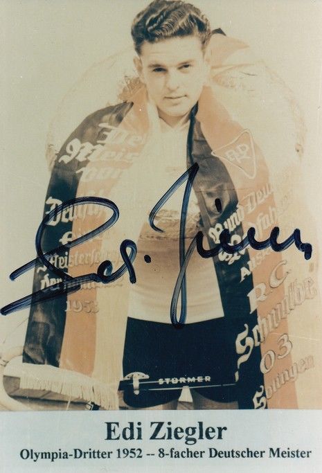 Autogramm Radsport | Edi ZIEGLER | 1952 Foto (Siegerehrung Color) OS-Bronze
