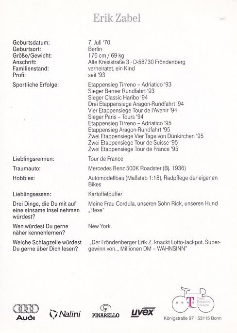 Autogramm Radsport | Erik ZABEL | 1996 (Rennszene Color) Telekom