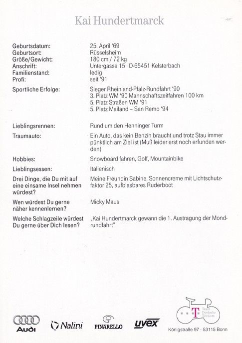 Autogramm Radsport | Kai HUNDERTMARCK | 1995 (Rennszene Color) Telekom 3