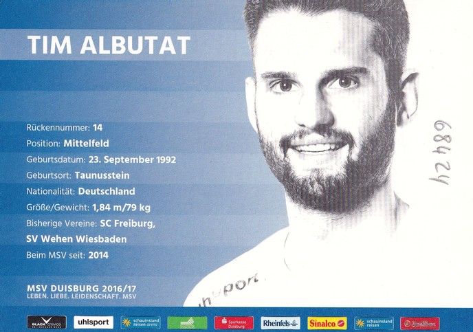 Autogramm Fussball | MSV Duisburg | 2016 | Tim ALBUTAT 