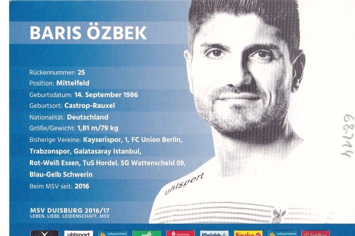 Autogramm Fussball | MSV Duisburg | 2016 | Baris ÖZBEK