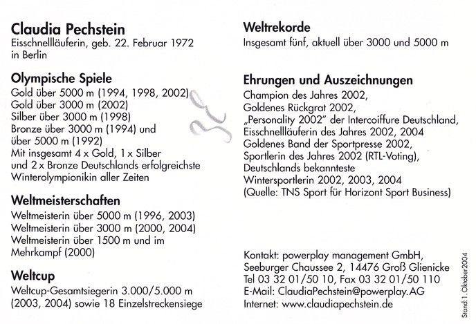 Autogramm Eisschnelllauf | Claudia PECHSTEIN | 2004 (Rennszene Color) OS-Gold