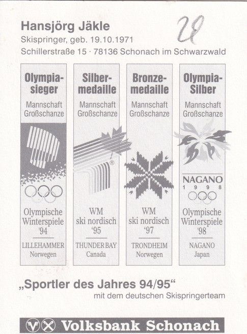Autogramm Skispringen | Hansjörg JÄKLE | 1990er (Collage Color Volksbank) OS-Gold