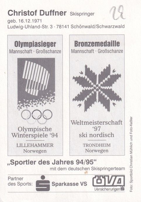 Autogramm Skispringen | Christof DUFFNER | 1990er (Collage Color Sparkasse 3) OS-Gold