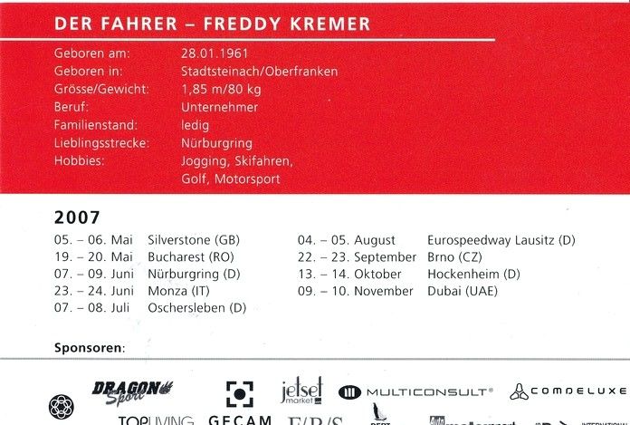 Autogramm Tourenwagen | Freddy KREMER | 2007 (Portrait Color) GT3