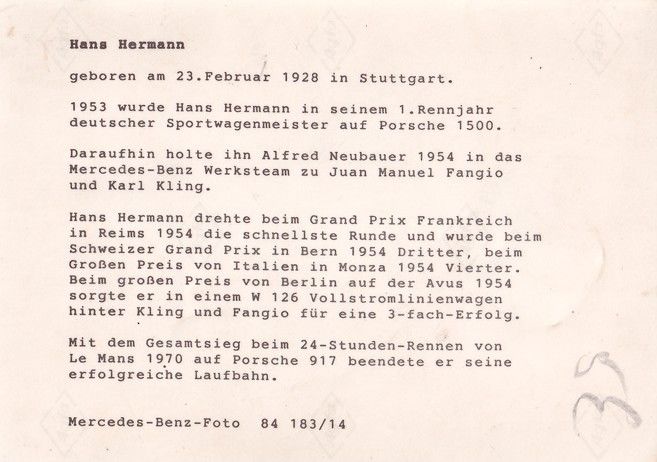 Autogramm Formel 1 | Hans HERRMANN | 1960er Foto (Portrait SW) Mercedes