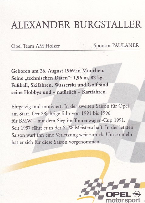 Autogramm Tourenwagen | Alexander BURGSTALLER | 1990er (Portrait Color) Opel